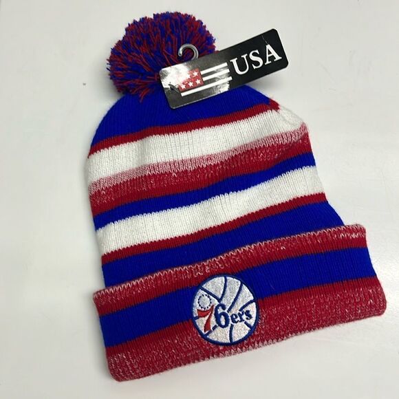 USA Striped Philadelphia 76ers Foldup Striped Winter Acrylic Hat Pom Pom- NEW - Picture 1 of 10